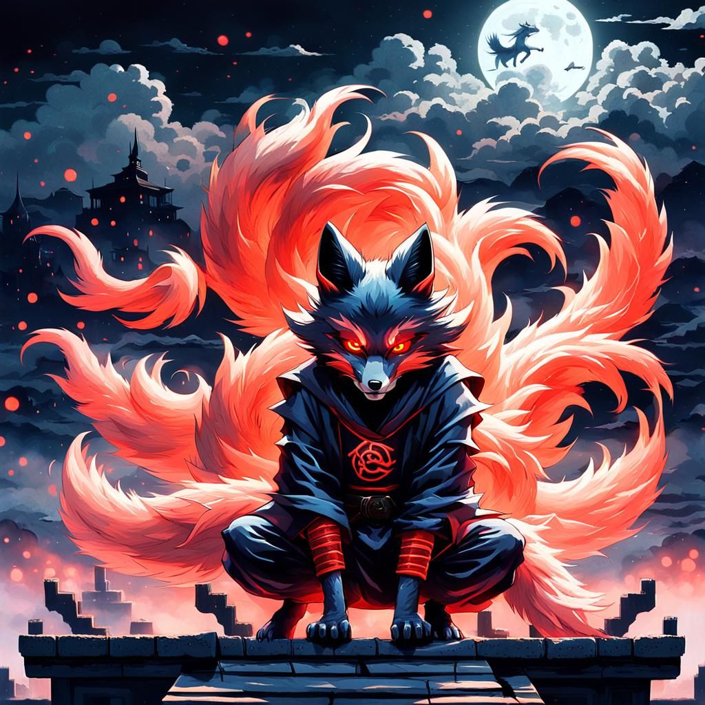 Surreal Kitsune Ninja in Misty Moonlight