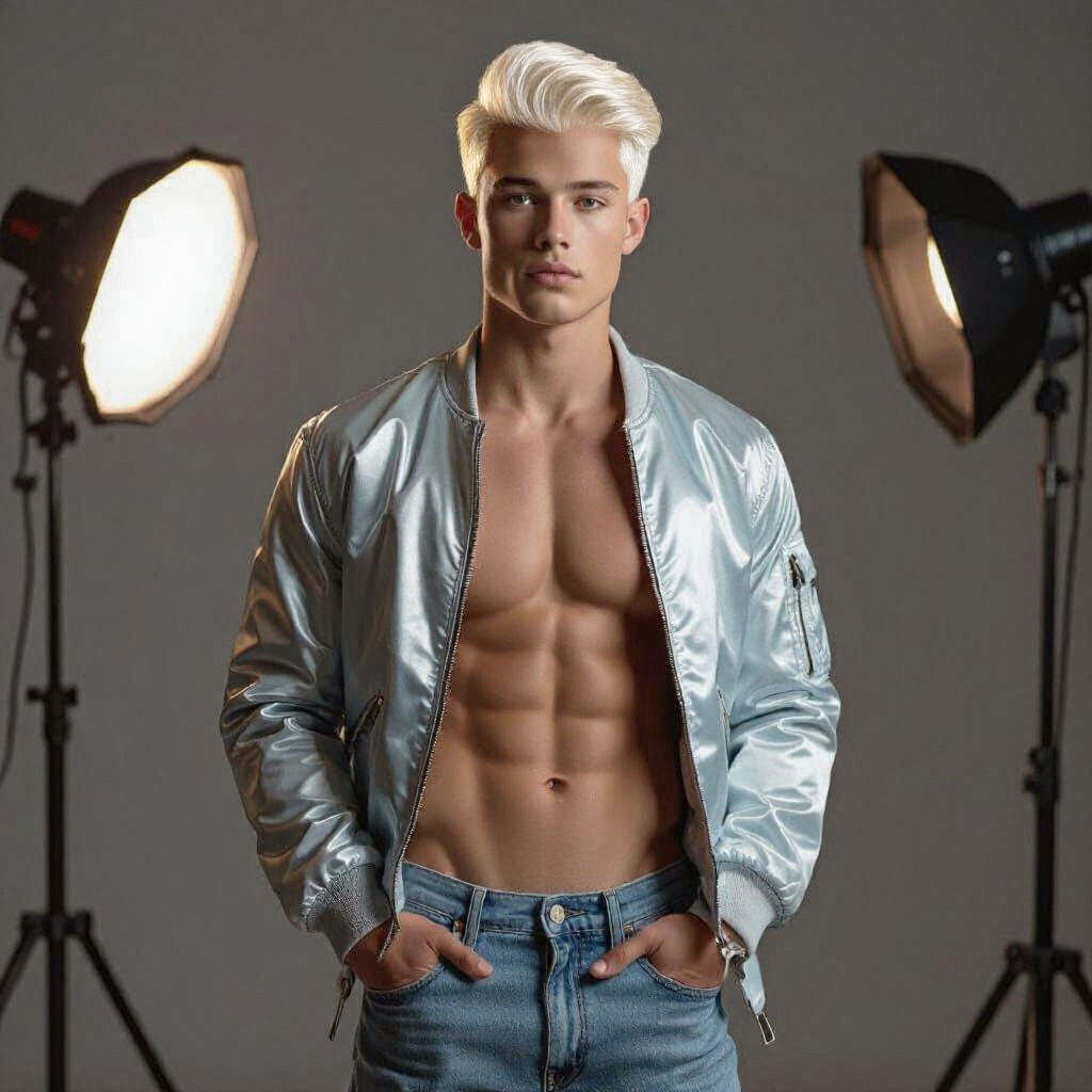 Teenage Boy with Muscular Physique in Bomber Jacket