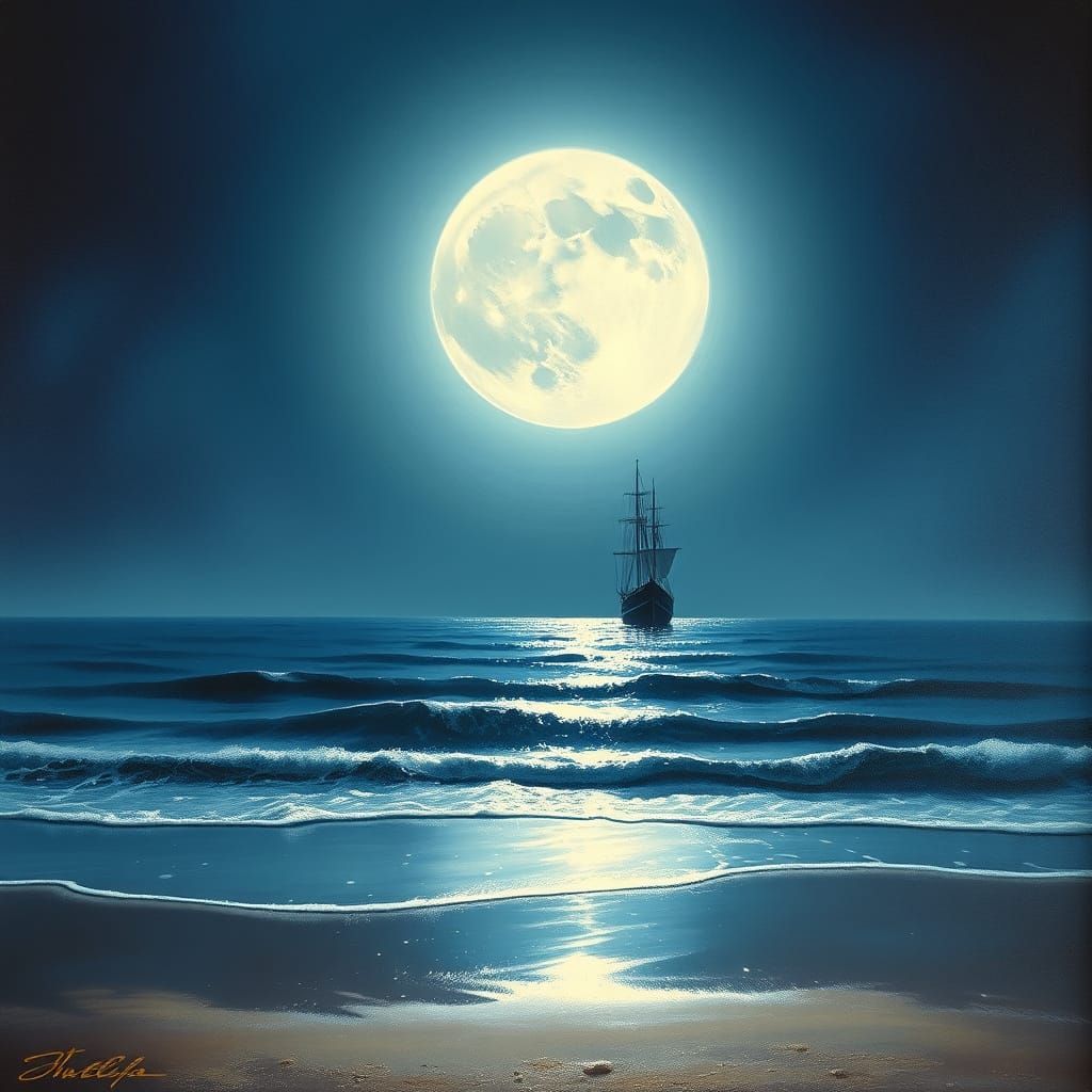 Moonlit Sea Oil Painting with Ship on Horizon