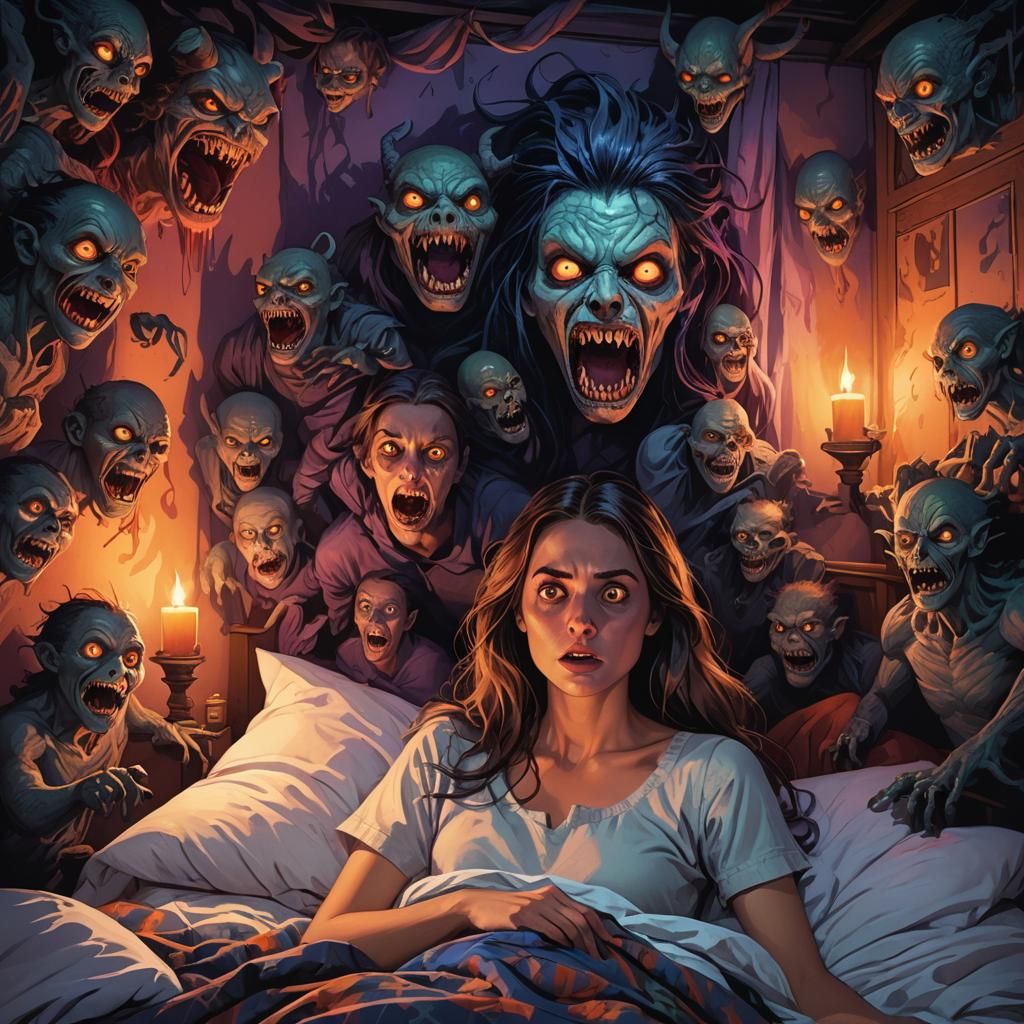 Terrified Woman Surrounded by Monsters: Dark Fantasy Concept...