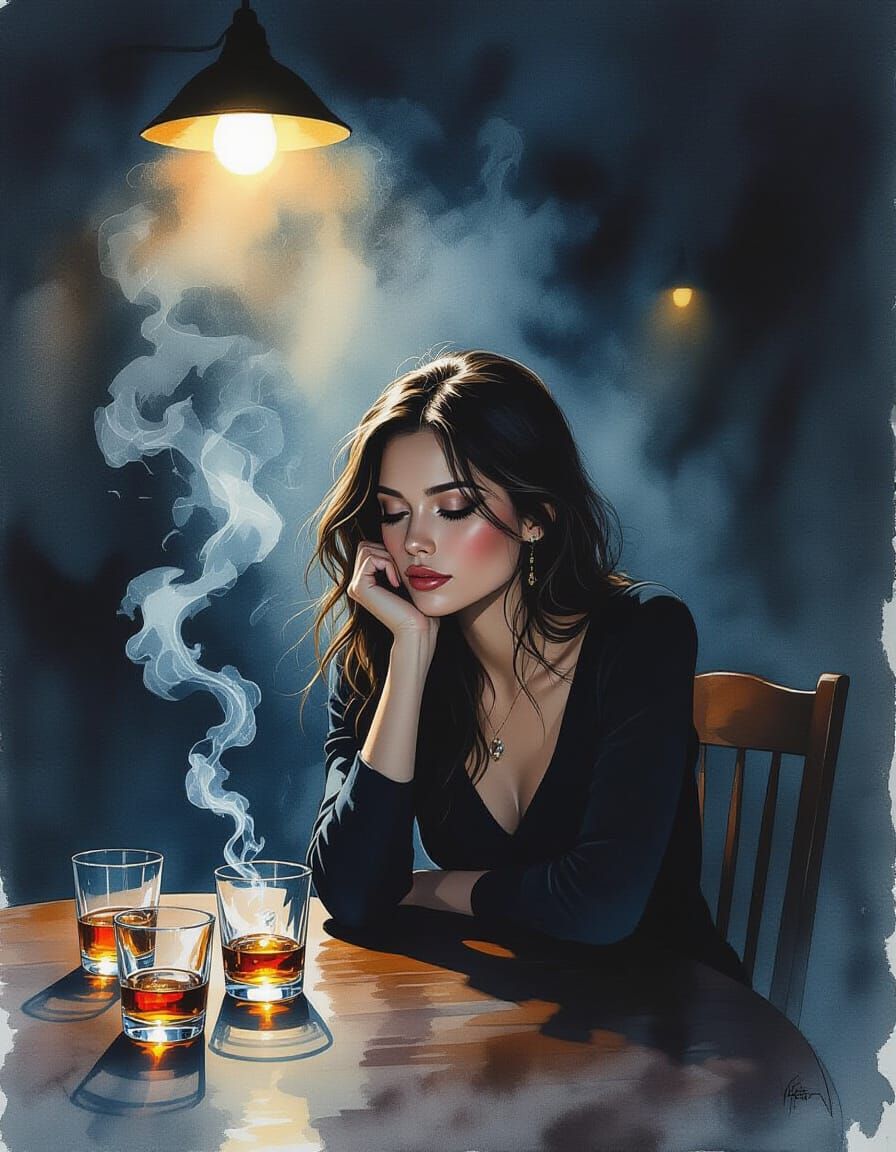 Brooding Woman in Dimly Lit Room, Watercolor Style