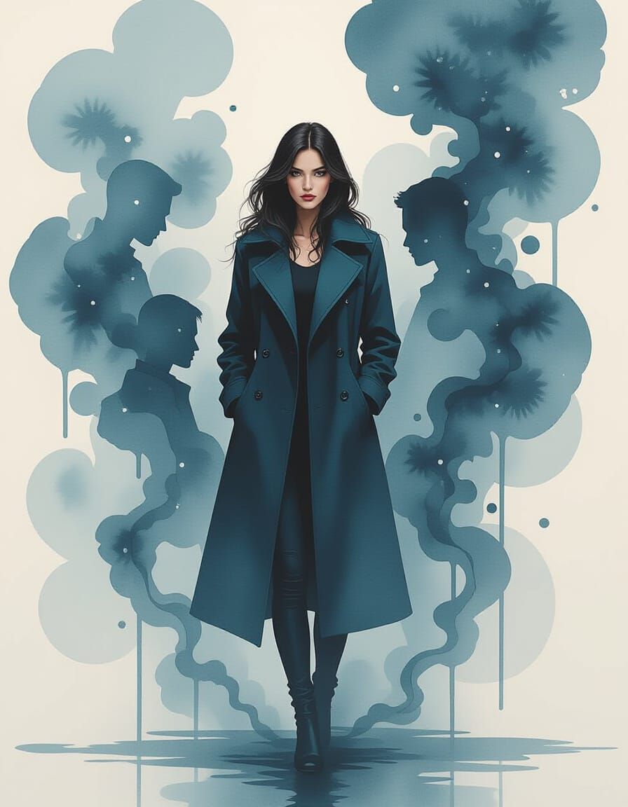 Woman in Watercolor Shadows, Surreal Silhouette Art