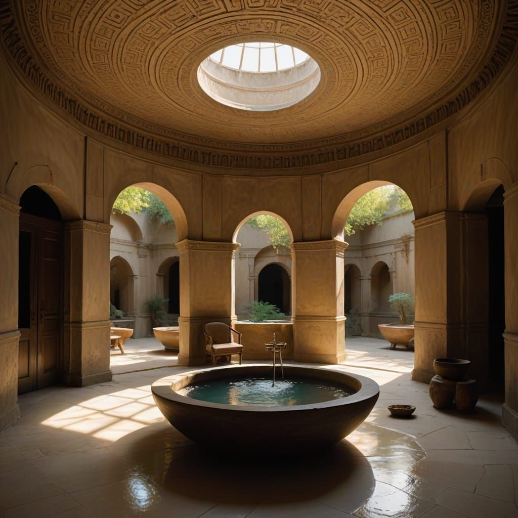 Serene Sanctuary with Glowing Spirals and Reflecting Pool