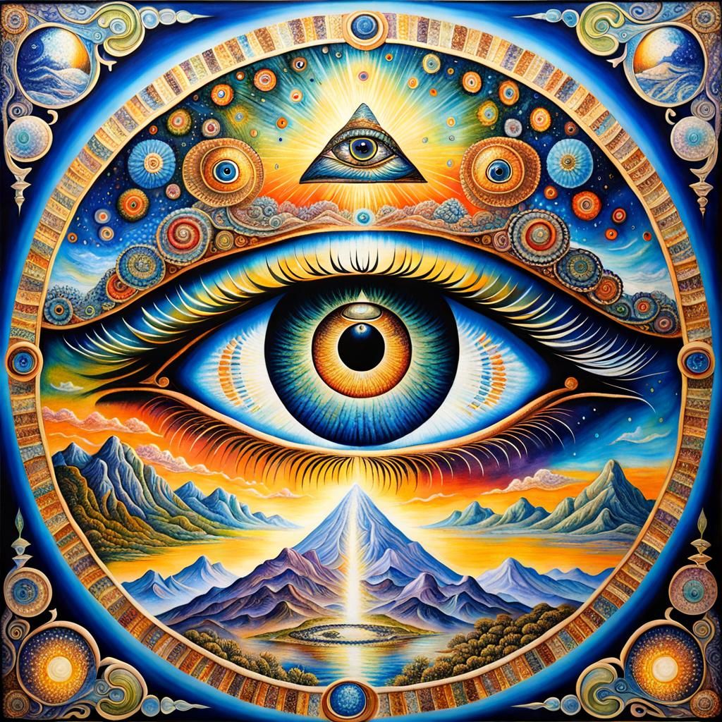 The all seeing eye  of a happy young man celebrating special day,Josephine Wall, the whole creation has a metallic shine...