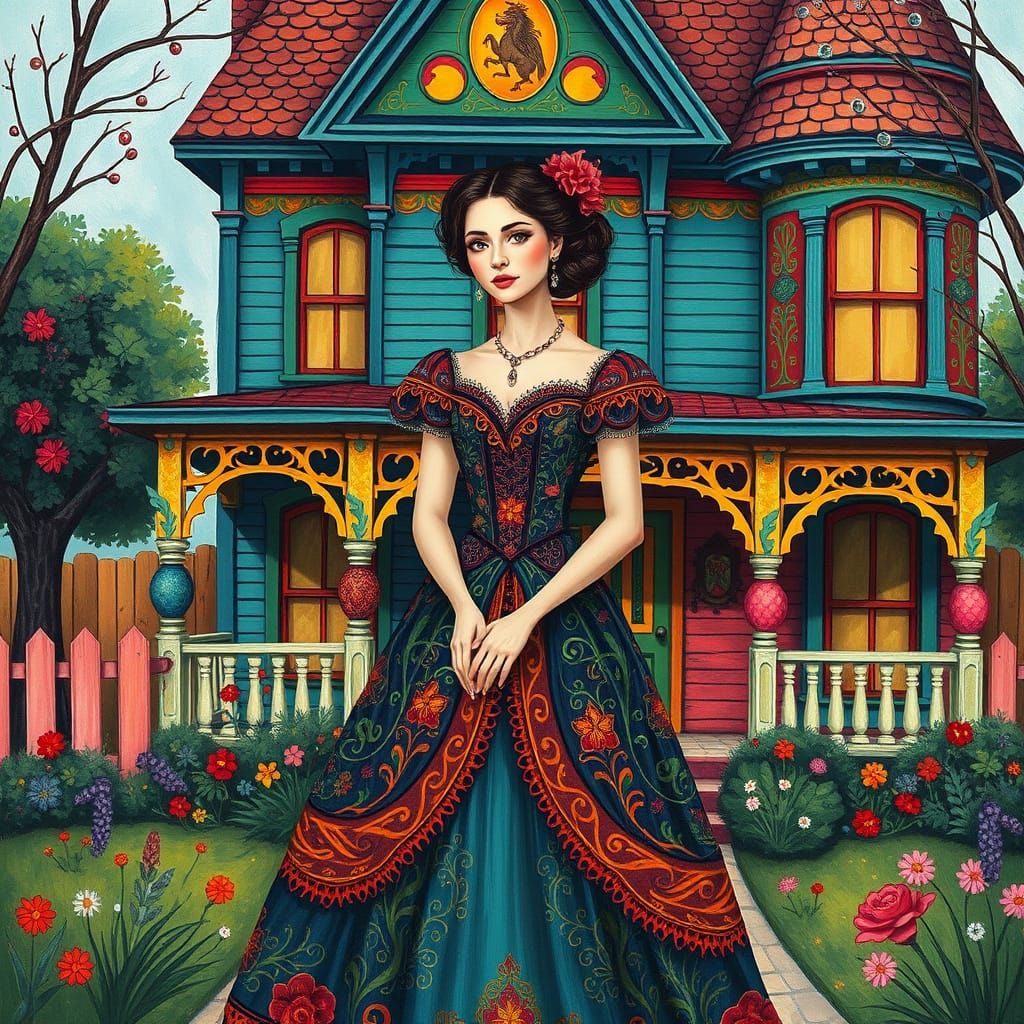 Lady in Whimsical Victorian Folk Art Style