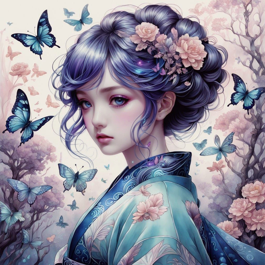 Anime Needlepoint Artwork with Glowing Butterflies