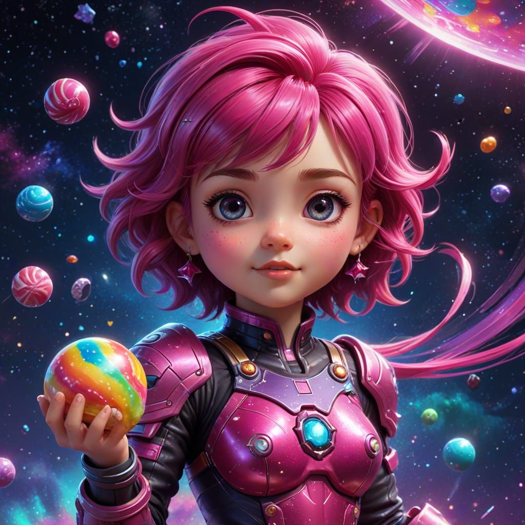 Chibi Space Pirate Looting Candy Spaceship in Vibrant Galaxy