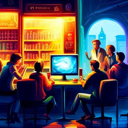 People Gaze at Screen in Polychromatic Cafe