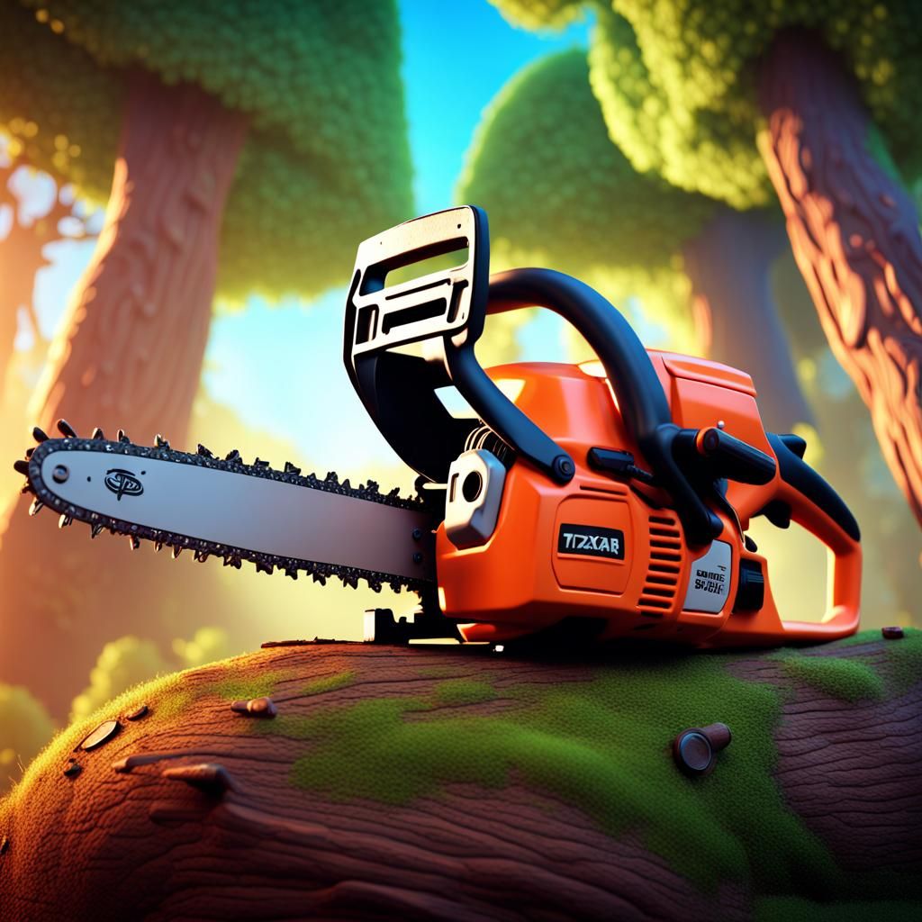 Chainsaw Cuts Tree: Pixar-Style 3D Digital Art