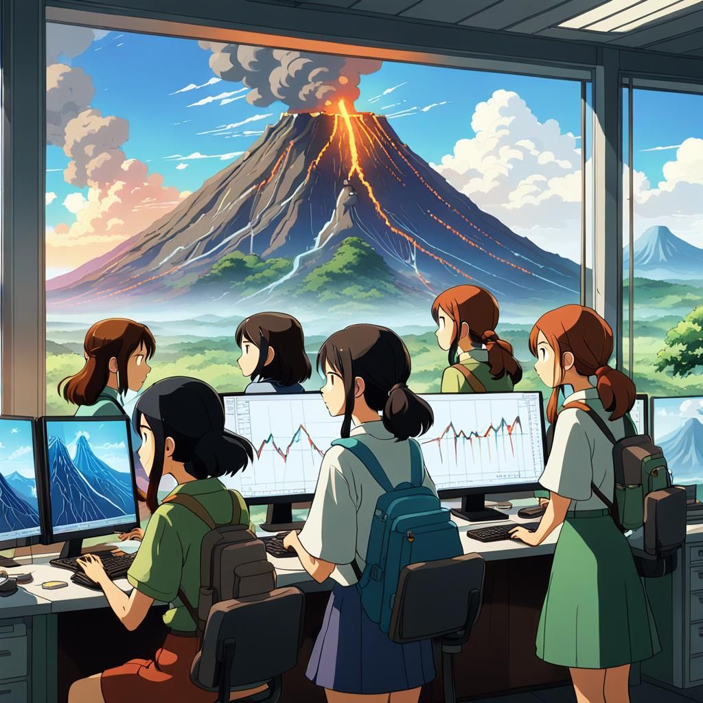 Geologists Observe Erupting Volcano in Ghibli Style