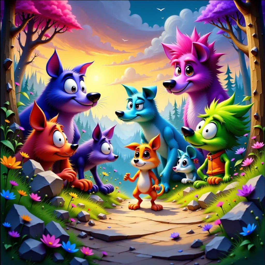Anthropomorphic Animals in Vibrant Cartoon Style