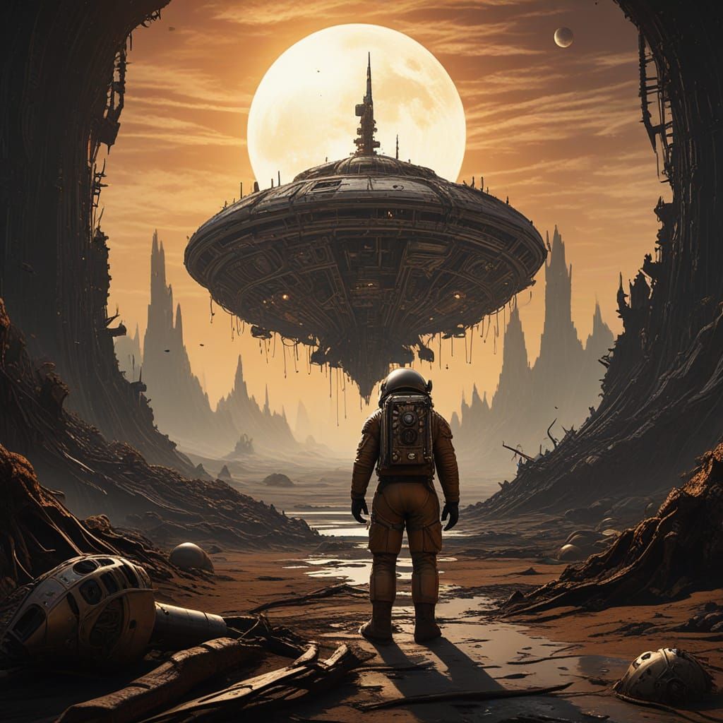 Steampunk Astronaut on Alien Planet with Derelict UFO