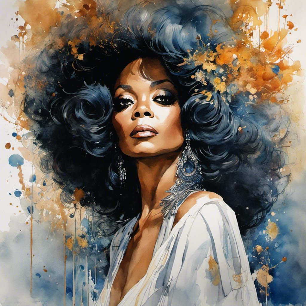 Diana Ross Watercolor Portrait Inspired by Yoshitaka Amano