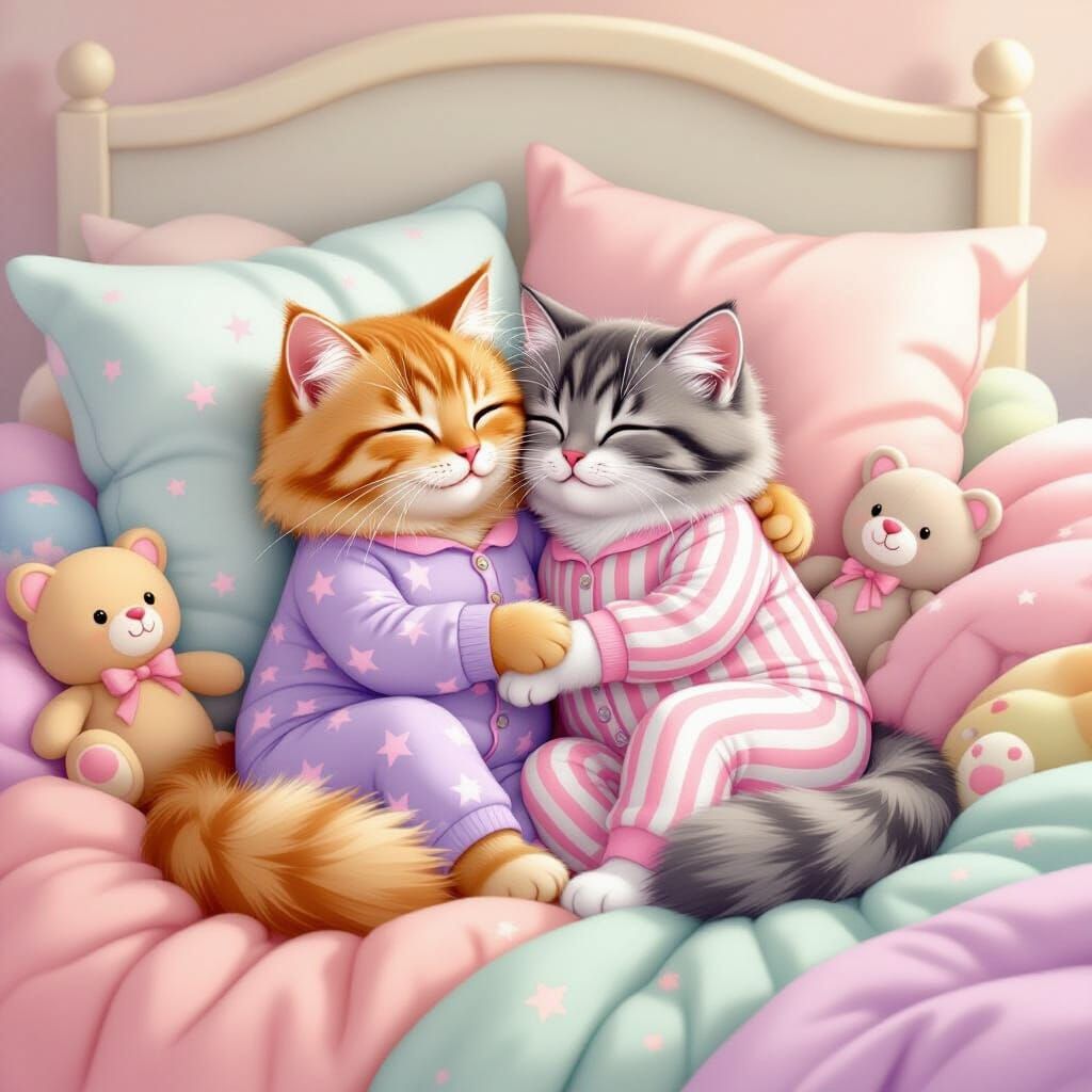Cats Cuddle in Pajamas with Plush Toys