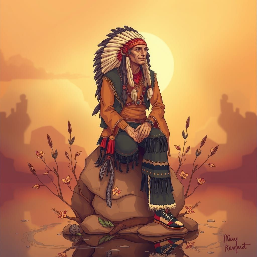 Native American Chief in Misty Line Art Style