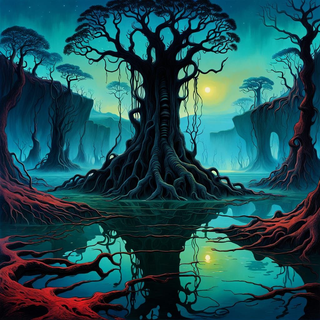 Twilight Quagmire Scene in Mysterious, Dreamlike Style