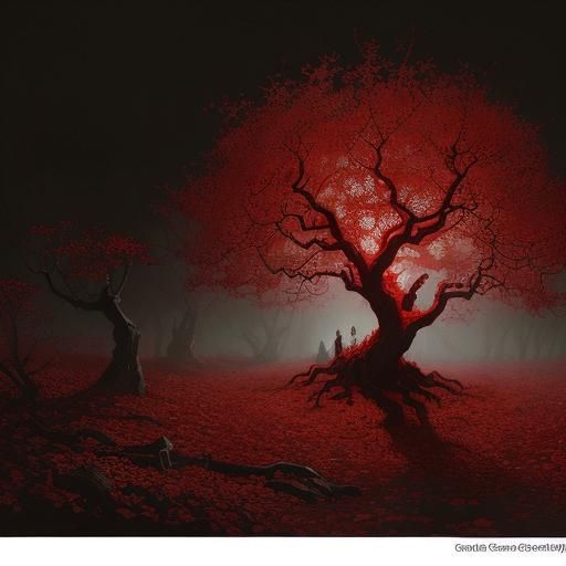 Blood Moon over Autumn Maple Forest in Horror Style