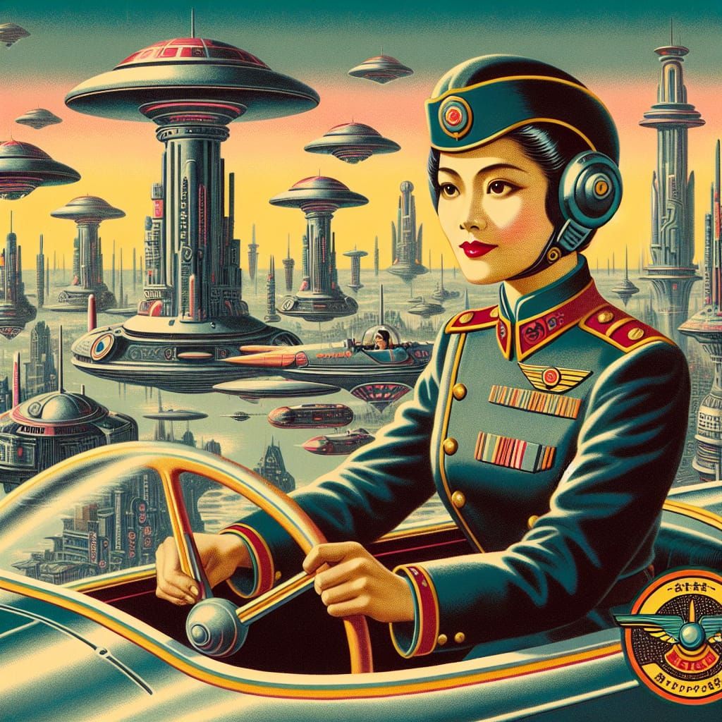 Retro-Futuristic Space Captain in Floating City