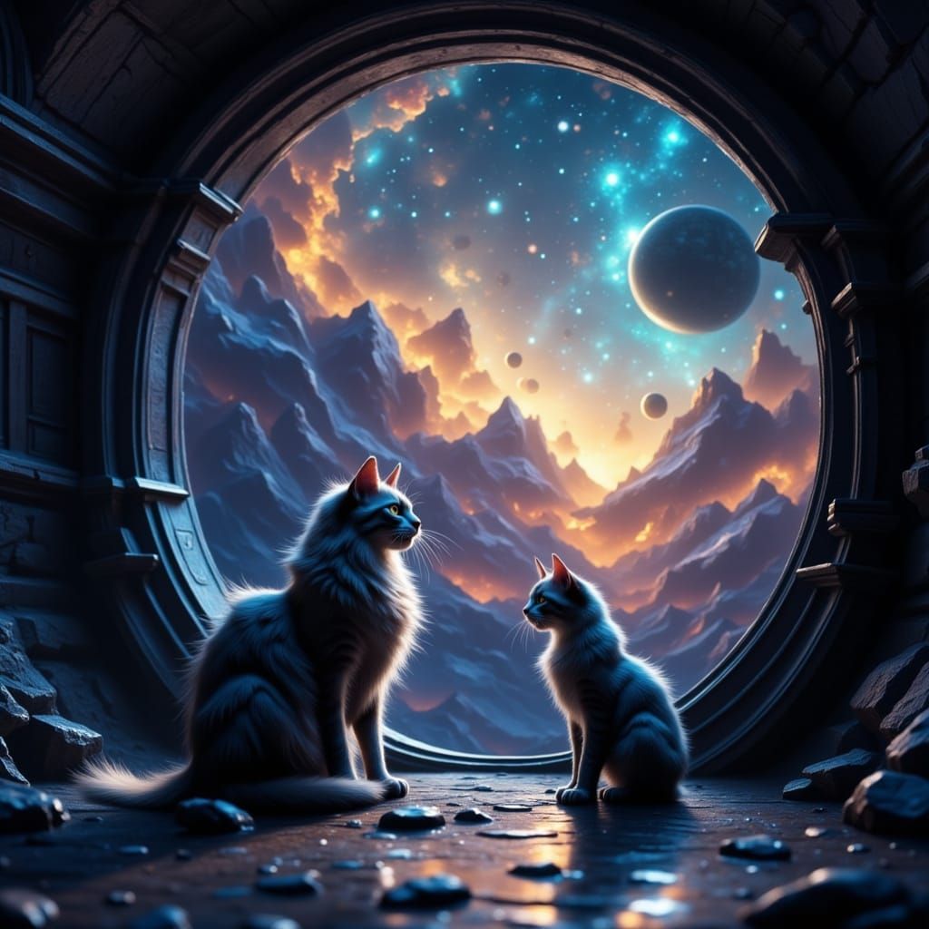 A vast, shimmering nebula forms the backdrop for a lone, anc...