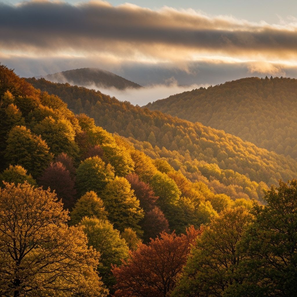 Golden Dawn Light on Autumn Hills with Fog