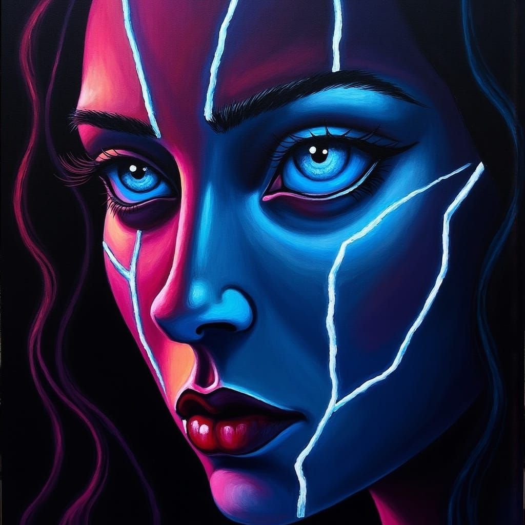 Electrified Face Portrait with Neon Circuitry in Cyberpunk S...