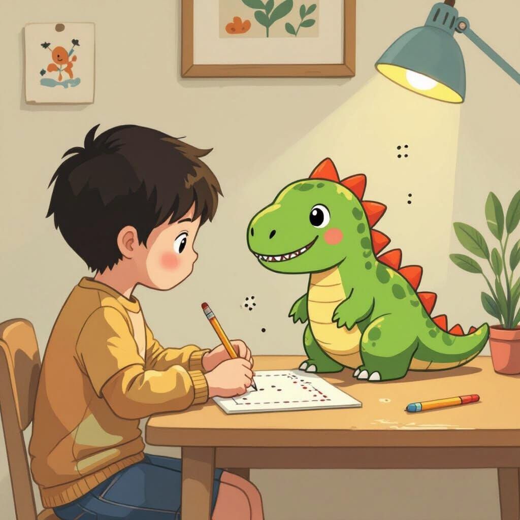 Dot-to-Dot Dinosaur Illustration in Ghibli Style