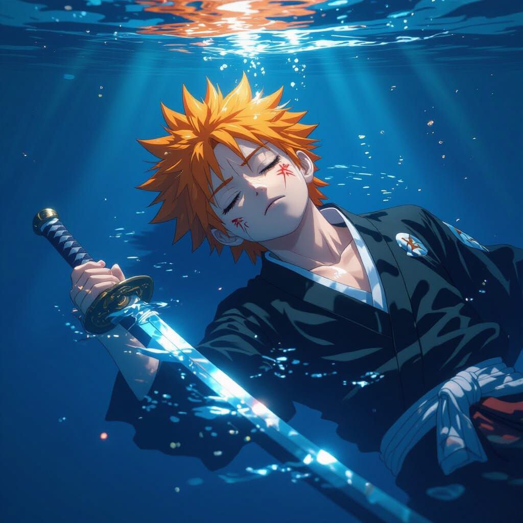 Ichigo Unconscious at Ocean Floor with Zangetsu Sword