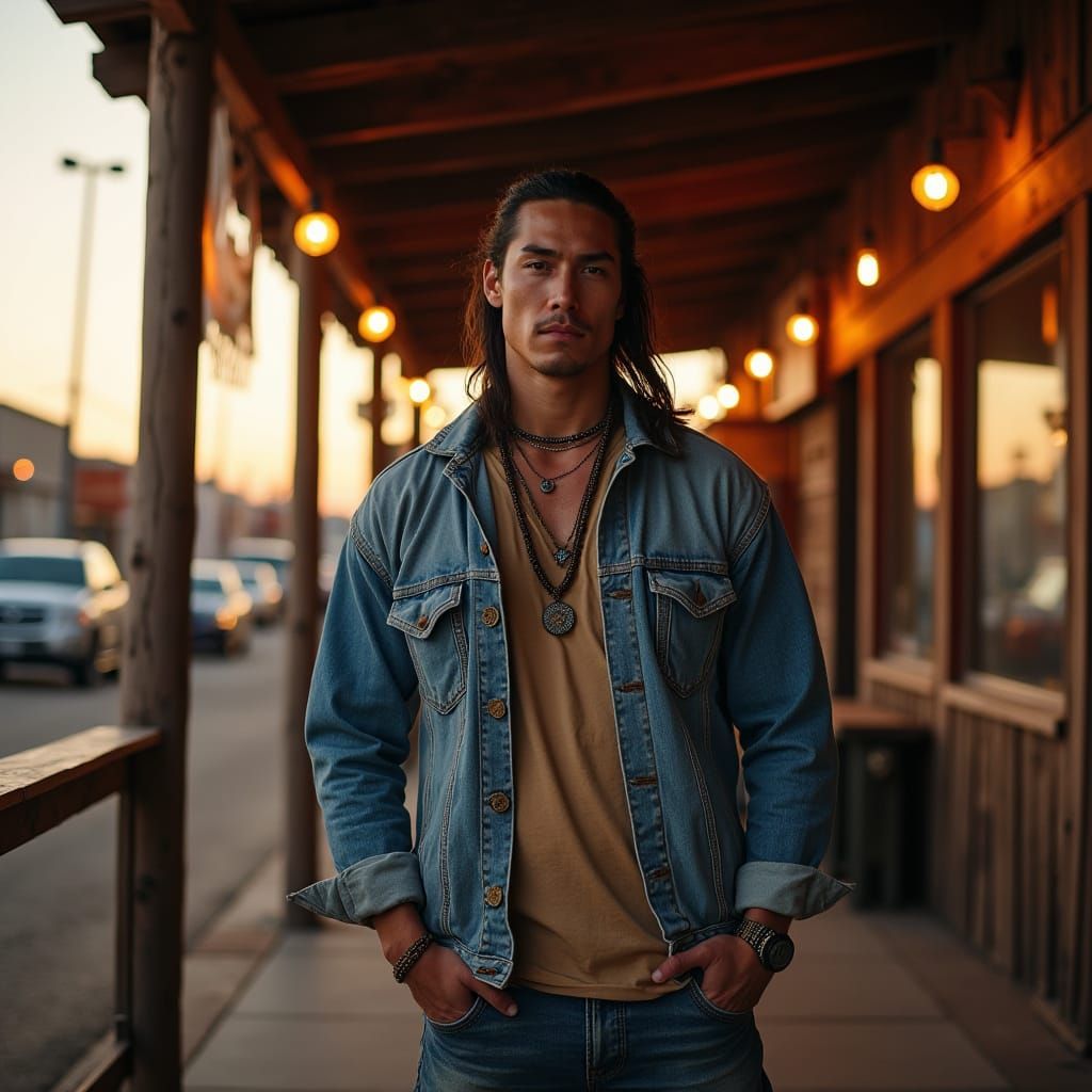 Muscular Native American Man in Denim Jacket, Evening Glow