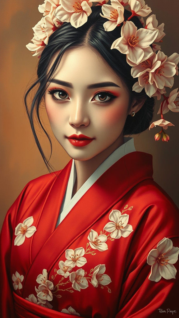 Woman in Sakura Kimono: Sepia Oil Painting