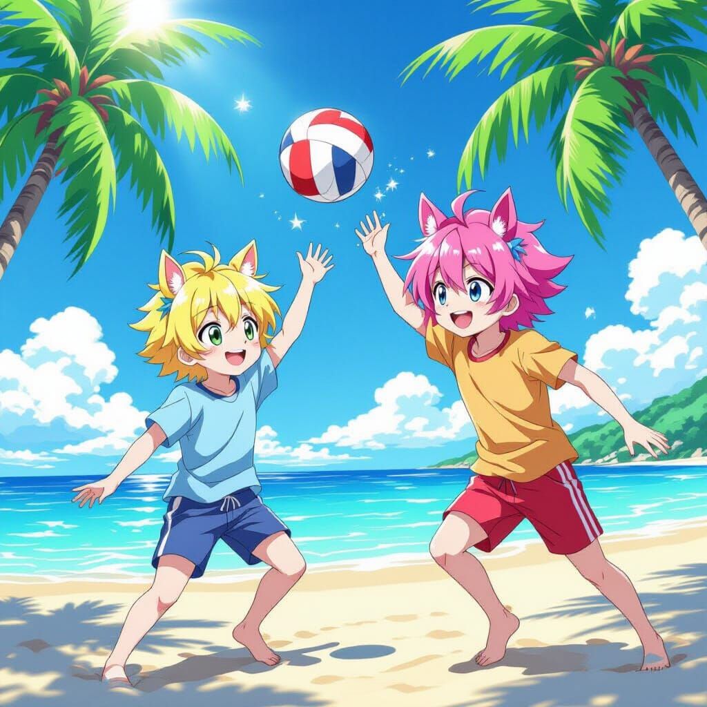 Anime Boys with Horse Ears on Beach in Cel-Shaded Style
