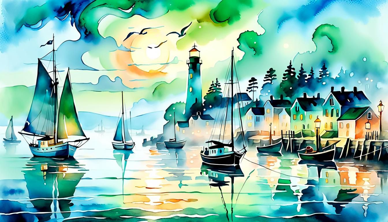 Dreamy Harbor Scene in Watercolor Style