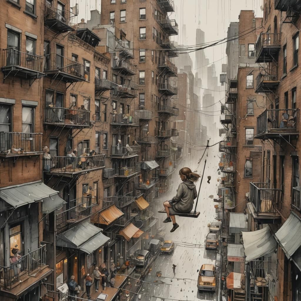 Girl on Swing Overlooks Rainy City, 3D Render