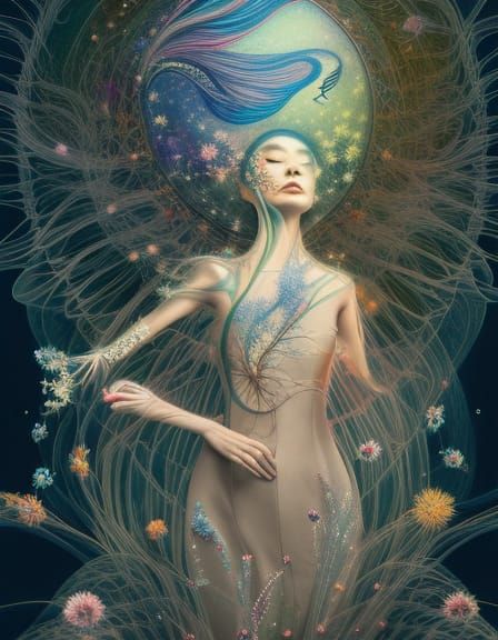 Fairytale Scene: Stars, Birds, and Flowers in Vector Art