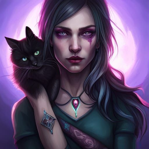 Gothic Girl Portrait with Cat Head in Artgerm Style