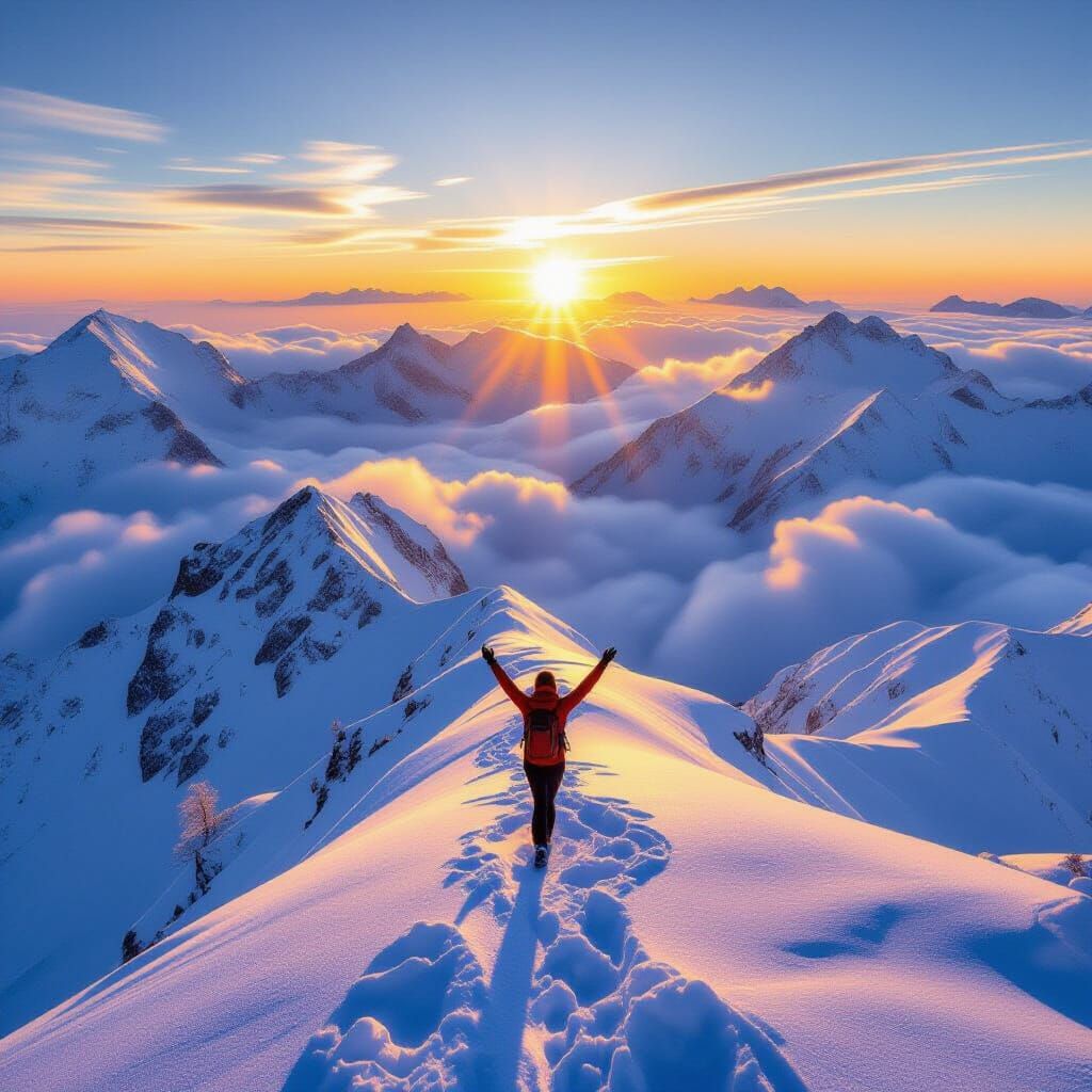 Sunrise Yoga on Snowy Mountain Peak Digital Matte Painting