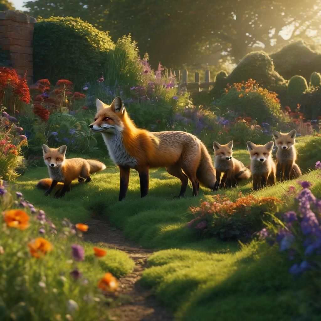 Mother Fox and Cubs in Lush Garden