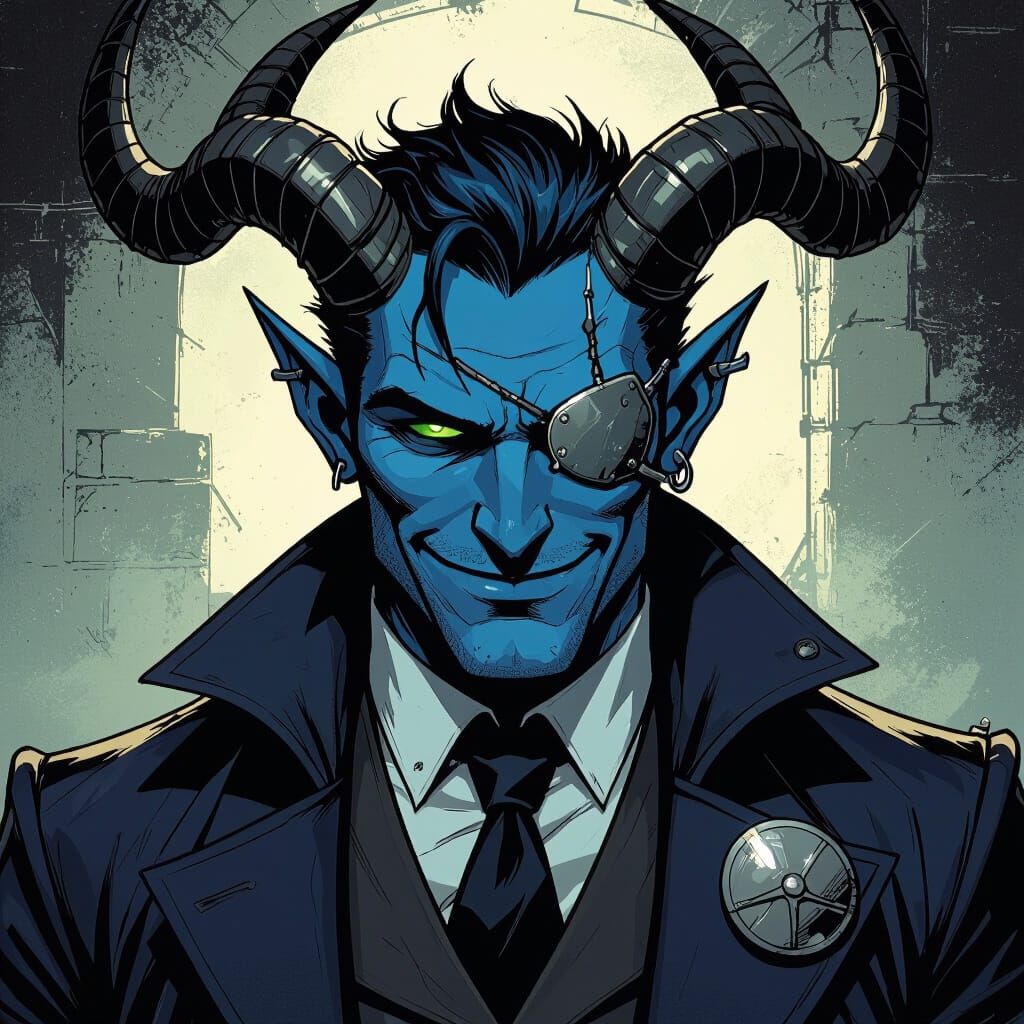 Blue Tiefling Detective in Noir Comic Style