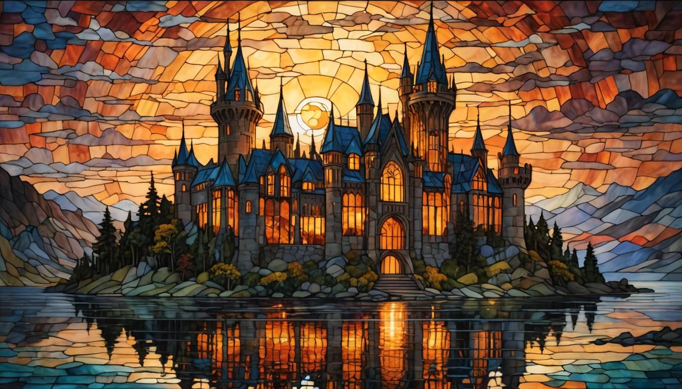 Fiery Lake Castle: Stained Glass Style