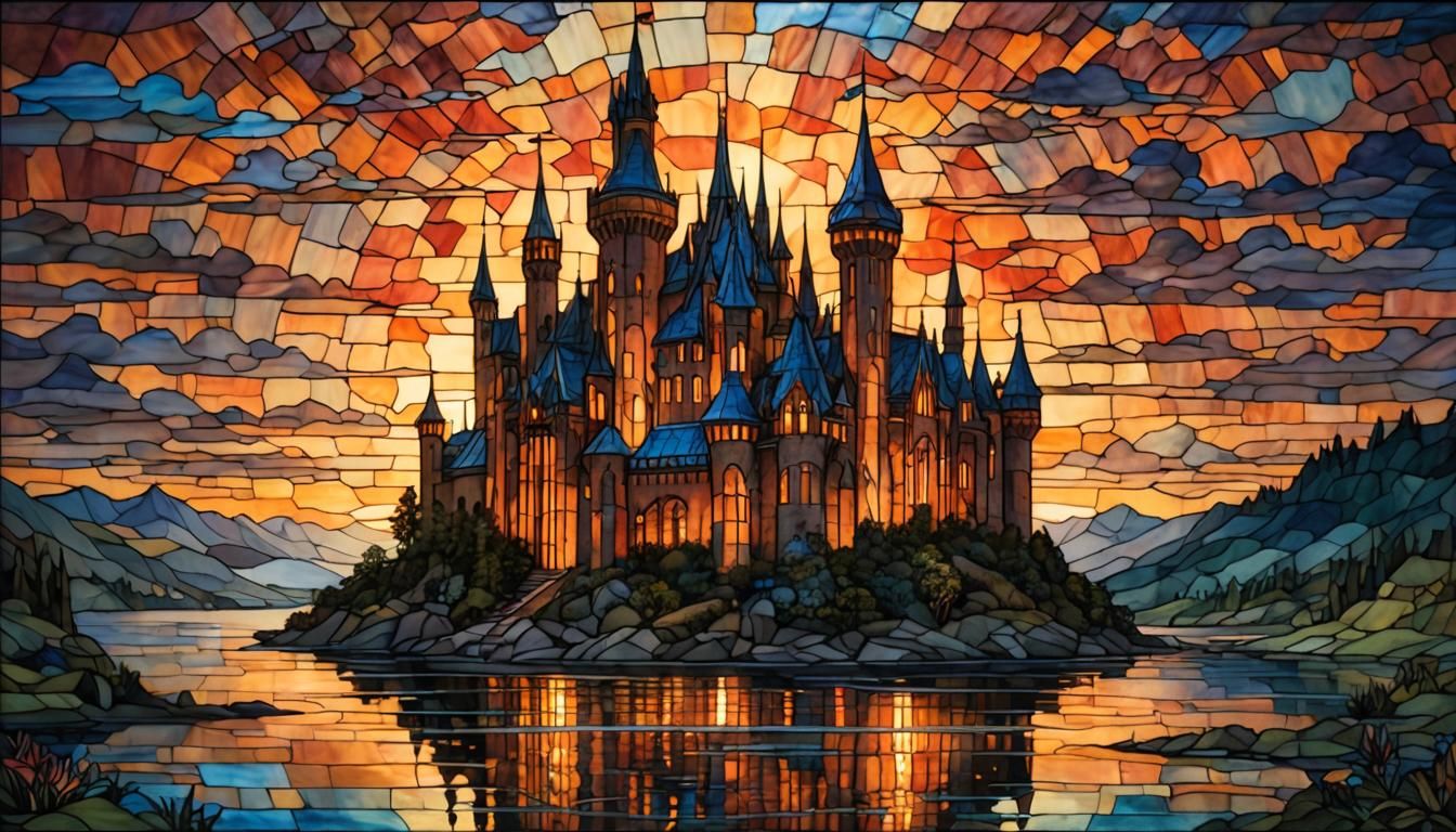 Castle in Fire Lake: Stained Glass Art