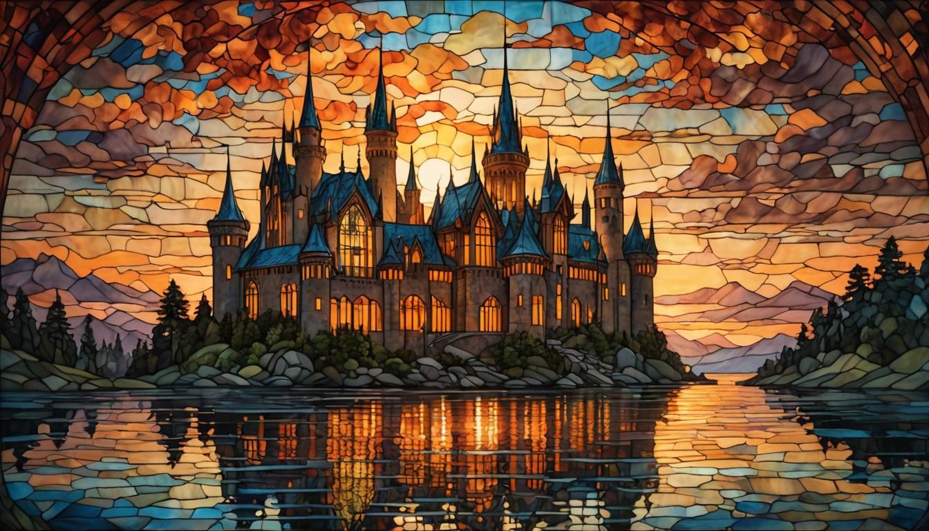 Castle Ablaze at Dawn in Stained Glass Style