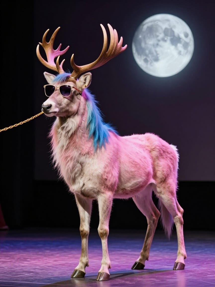 Deer with Pink and Blue Mane and Sunglasses on Stage