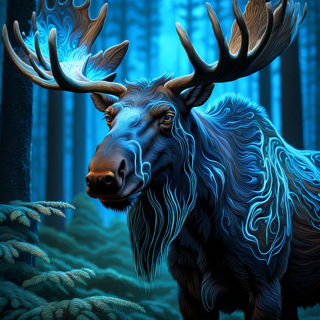 Bioluminescent Fantasy Moose in Dark Forest