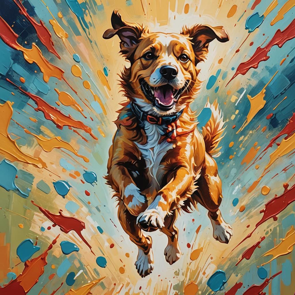 Dog Jumping: Vibrant Acrylic Painting in Golden Hour