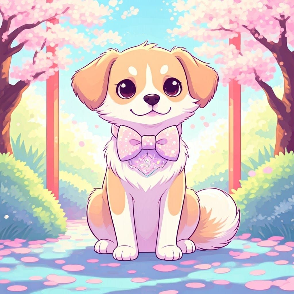 Kawaii Dog in Japanese Garden, Whimsical Illustration