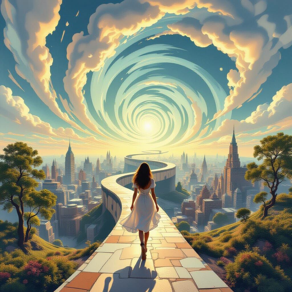 Surreal Woman Enters Infinite Dreamscape as Optical Illusion