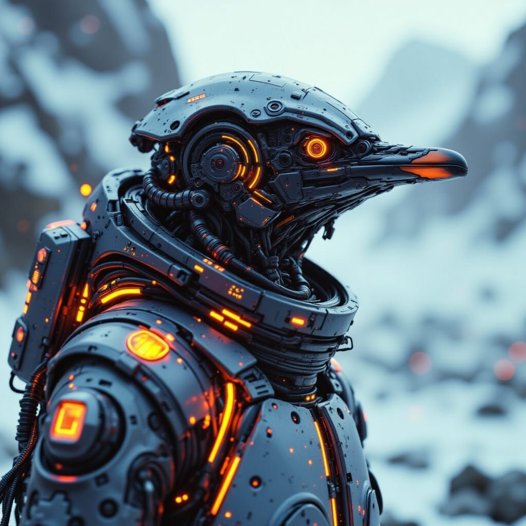 Cyberpunk Penguin in Antarctic Landscape