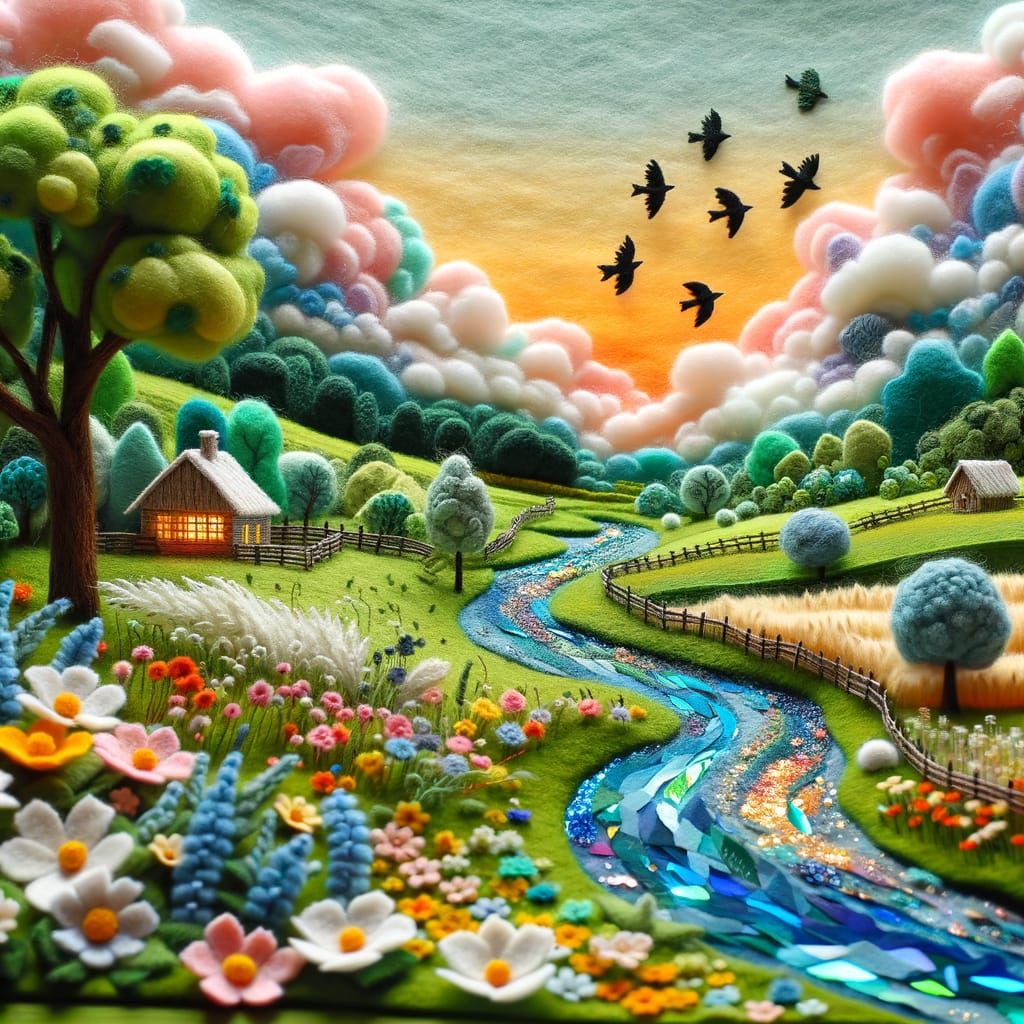 Idyllic Felt Countryside Scene with Winding Stream