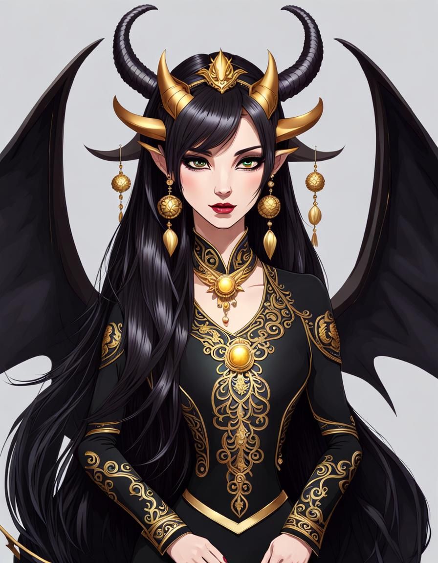 Dragon Girl in Black Dress with Golden Decor