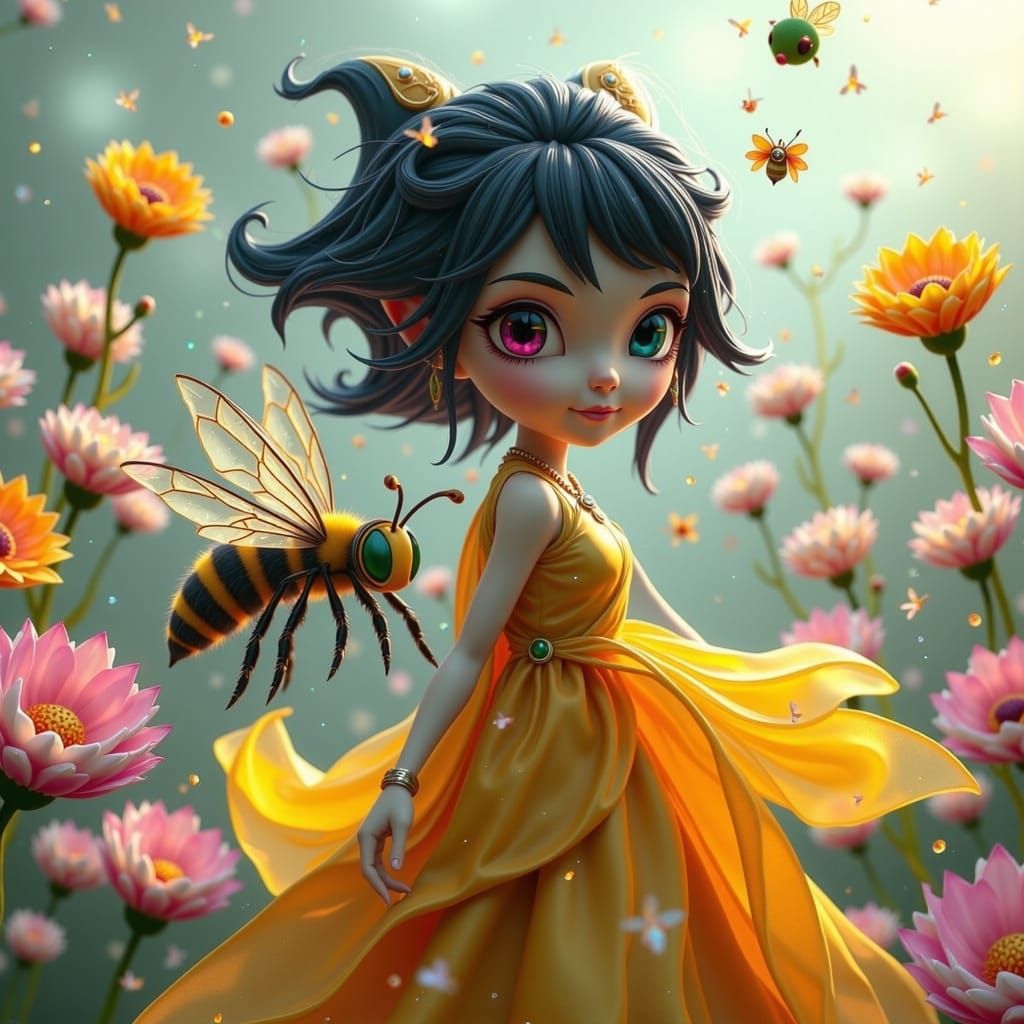 Pixie Rides Bumblebee in Fantasy Flower Field as 3D Animatio...