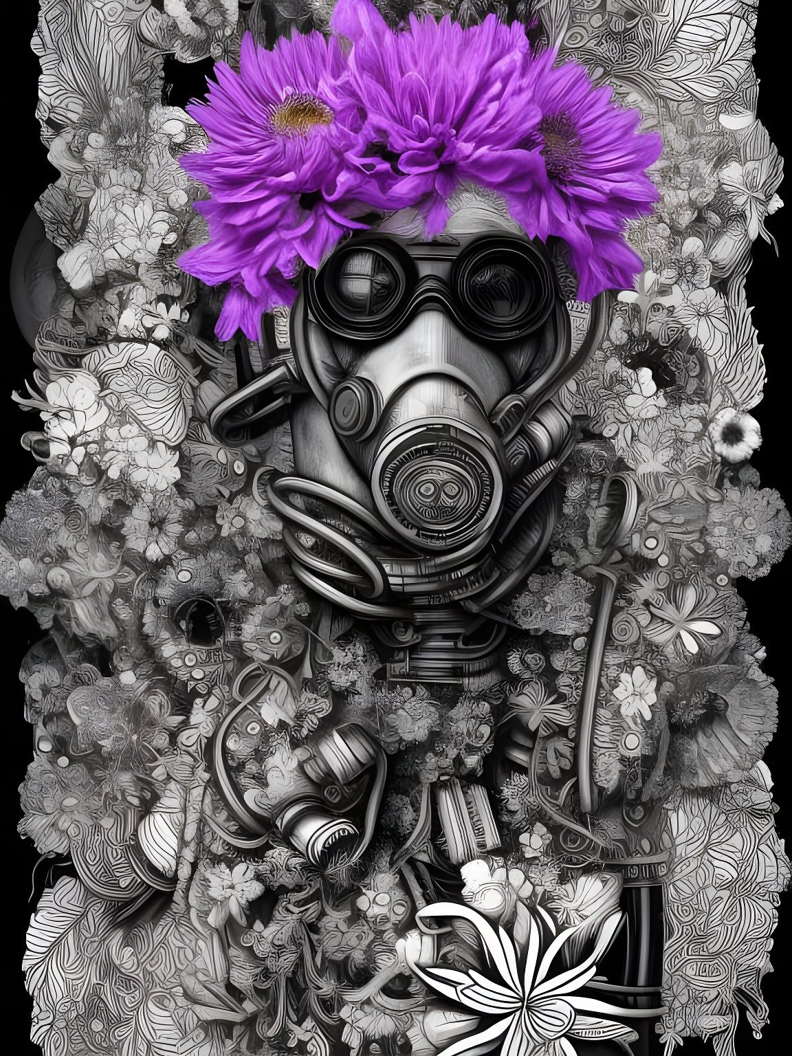 Exploded Floral Cyberpunk Man Coloring Book Art